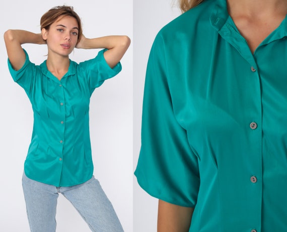 Teal Green Shirt -- Vintage 80s Button Up Shirt Retro Blouse 1980s Short Sleeve Plain Basic Blouse Small