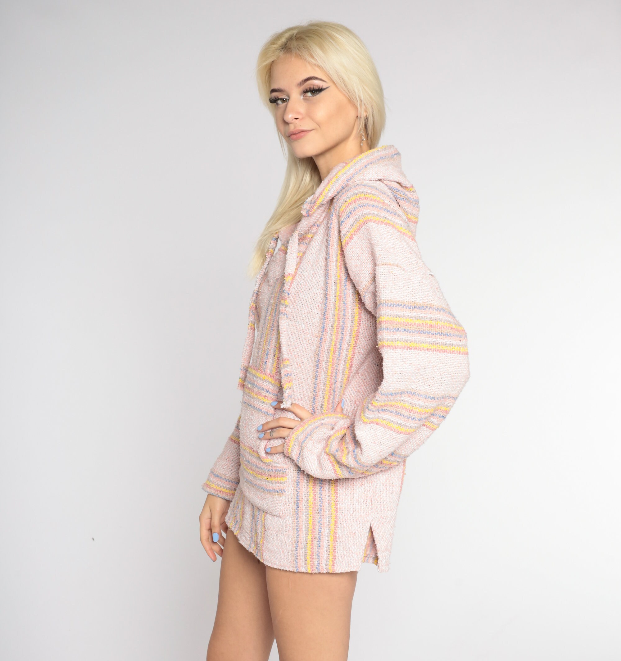 Pink Baja Hoodie Y2K Mexican Striped Drug Rug Sweatshirt Hippie Boho