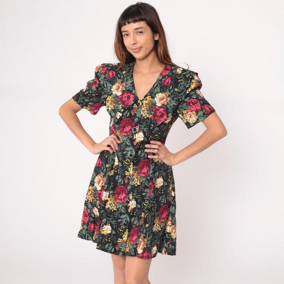 Floral Party Dress Mini 90s Black Button Front V Neck Short Sleeve Rose Print Yellow Flowers Puffy Shoulder Vintage Grunge Dark Alt Large L