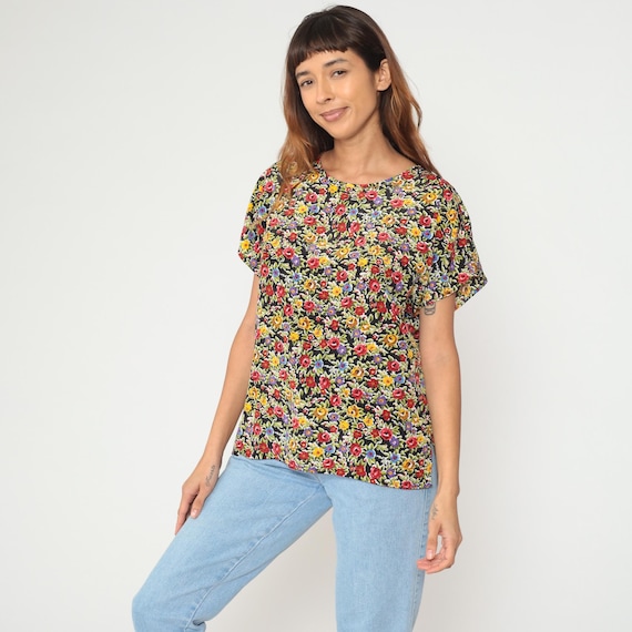 Black Floral Top 90s Ditsy Flower Print Short Sleeve Oversized Blouse Vintage Rose Shirt  Boxy Tee Relaxed Fit Medium M