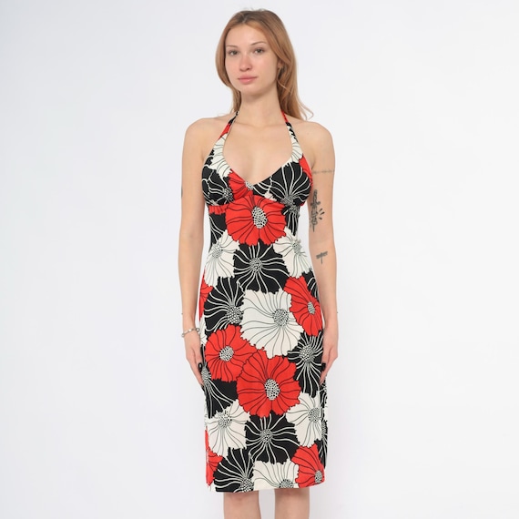 70s Halter Dress Floral Red Black White Large Print Disco Party Below Knee Vintage Summer Bold Flower Power Pattern Cocktail Evening Small S