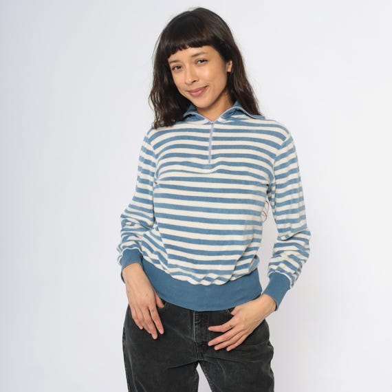 80s Terrycloth Striped Pullover Half Zip Polo Shirt Blue Cream Long Sleeve Ribbed Cuffs Sporty Athletic Preppy Nautical Vintage Small S