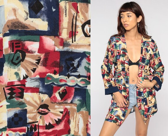 90s Floral Jacket Open Front Blazer Bohemian Vintage 1990s Women Rayon Boho Jacket Retro Medium Large