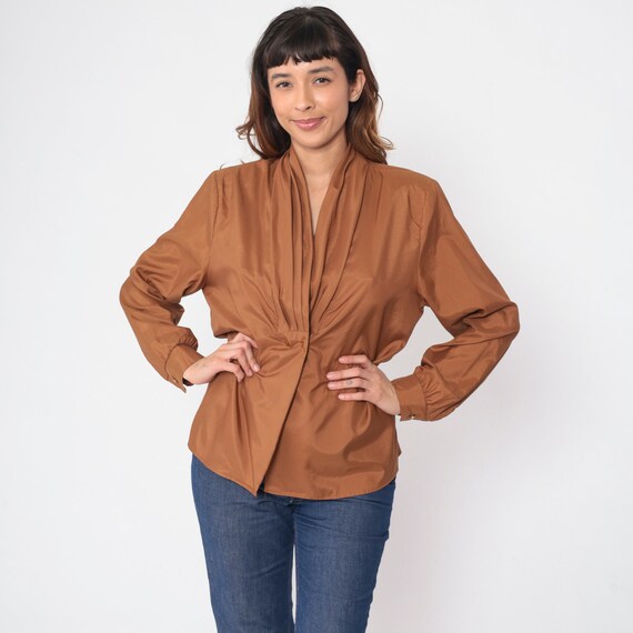 Brown Pleated Blouse 80s Secretary Top Long Puff Sleeve Shirt Retro Wrap Double Breasted Button Up Chic Vintage 1980s Large 14
