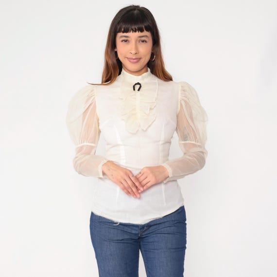 60s Victorian Blouse White Sheer Puff Sleeve Ruffle Front Vintage High Neck Black Bow Tie Gothic Romantic Medieval Revival Costume Small S