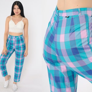 90s Plaid Pants Turquoise Purple Blue Checkered Trousers Pleated Tapered High Waisted Pastel Preppy 1990s Vintage Palmetto&#39;s Extra Small xs