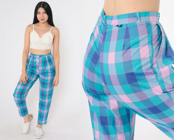 90s Plaid Pants Turquoise Purple Blue Checkered Trousers Pleated Tapered High Waisted Pastel Preppy 1990s Vintage Palmetto's Extra Small xs