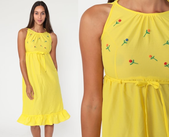 70s Babydoll Dress 2xs Midi Yellow Sundress Summer 60s Floral Embroidered Dress Flounce 1970s Boho Empire Waist Sun Vintage Sleeveless xxs