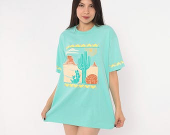 90s Desert Cactus Graphic Tee Seafoam Green Southwestern Saguaro Cotton T Shirt Short Sleeve Boxy Western Unisex Vintage Extra Large XL