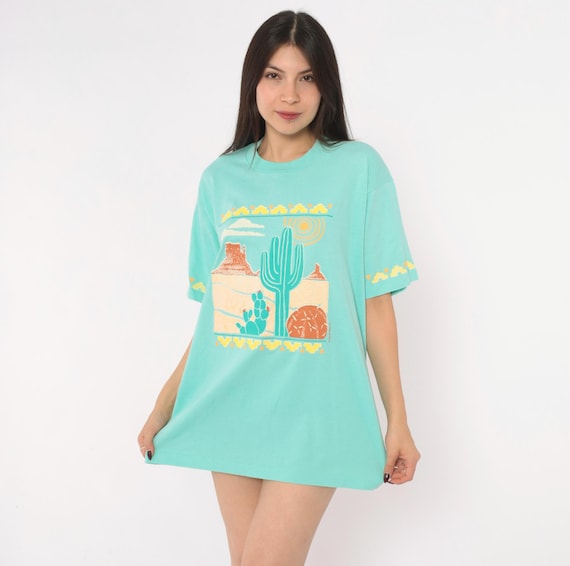 90s Desert Cactus Graphic Tee Seafoam Green Southwestern Saguaro Cotton T Shirt Short Sleeve Boxy Western Unisex Vintage Extra Large XL