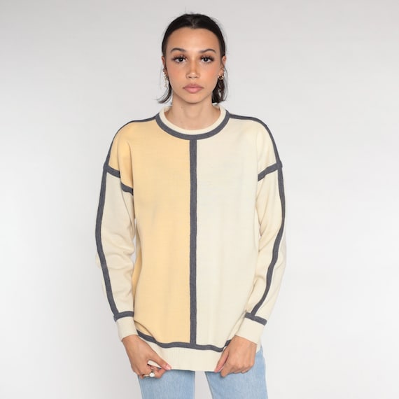 Tonal Sweater 90s Beige Cream Wool Blend Knit Pullover Sweater Retro Plain Basic Crewneck Neutral Vintage 1990s Liz Claiborne Medium M