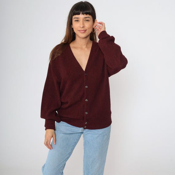 Vintage Burgundy Cardigan 90s Knit Deep V Neck Button up Golf Sweater Plain Flecked Retro Grunge Acrylic Knitwear 1990s Men's Large