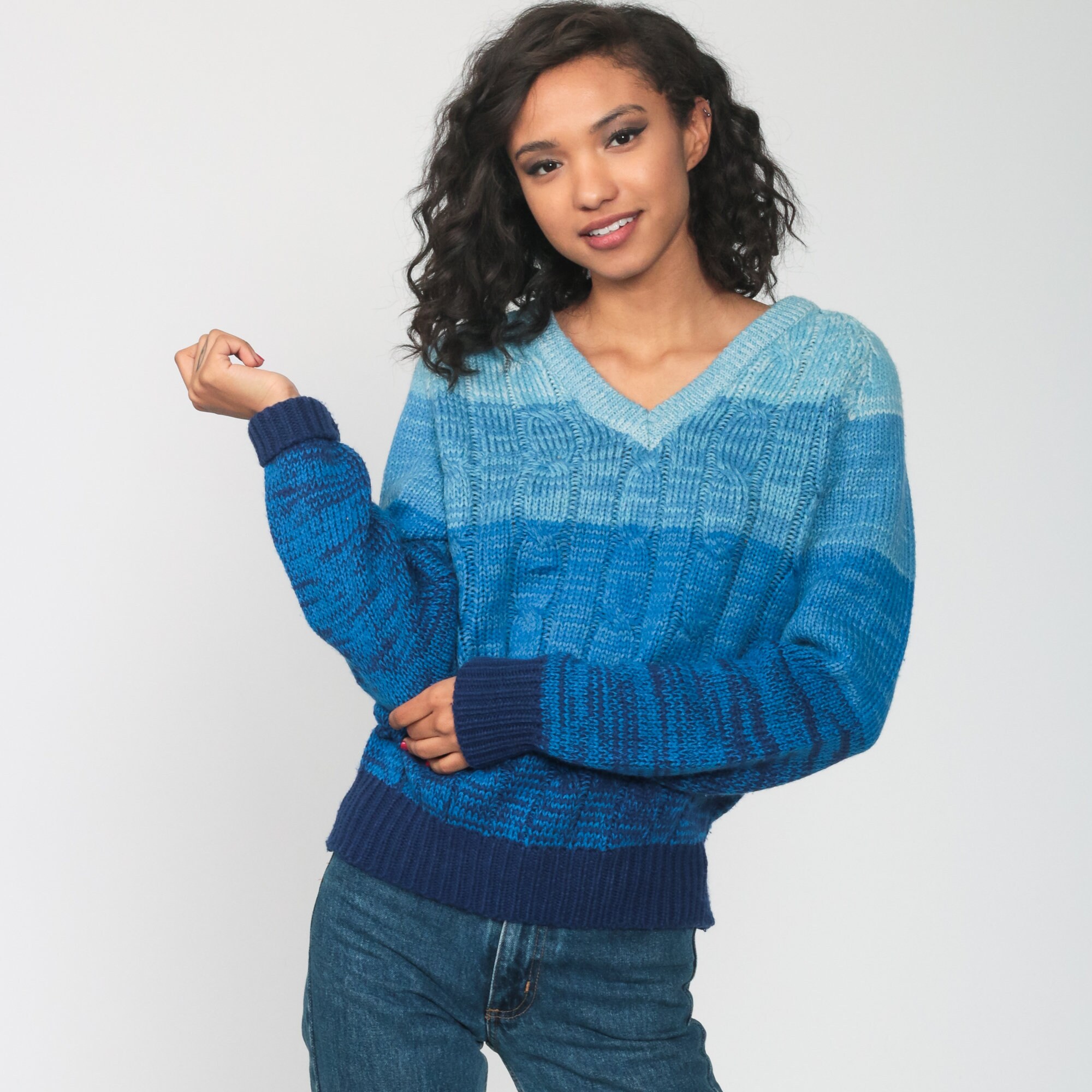 CABLE KNIT Sweater 70s Blue Ombre Striped V Neck Sweater Slouchy