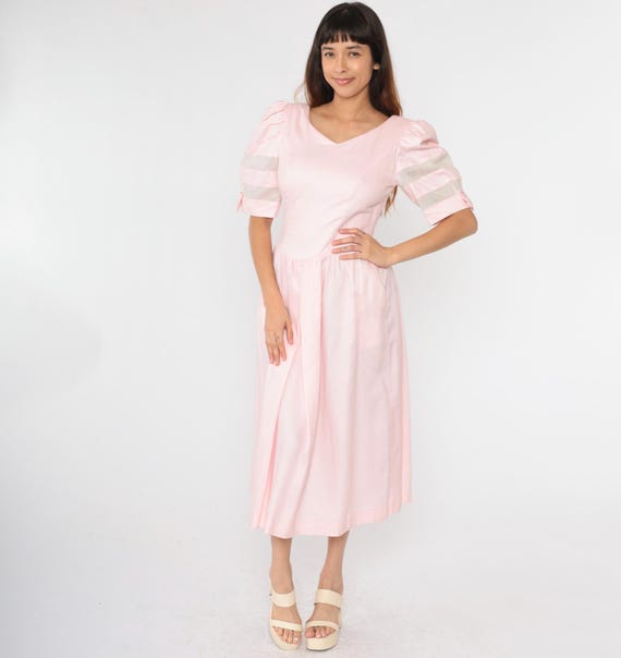 80s Party Dress Baby Pink Dress Puff Sleeve Basque Waist Sheer Stripe Fit & Flare Midi Retro Lanz Originals Vintage 1980s Prom Medium 8