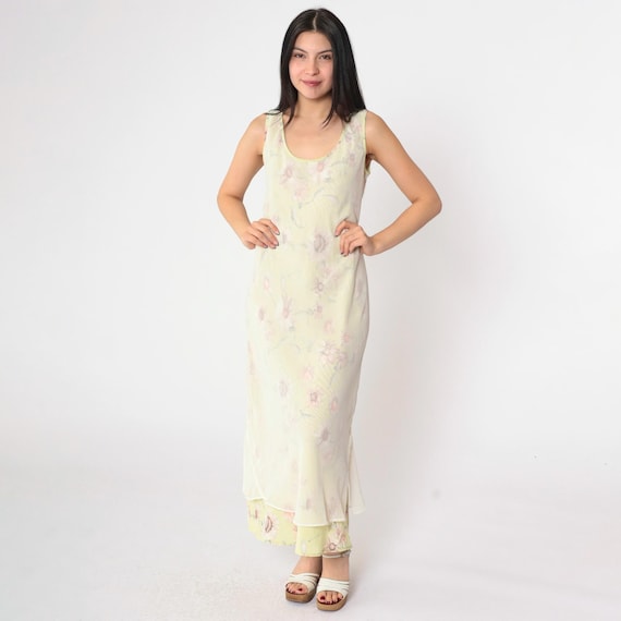 Vintage 90s Long Floral Dress Green White Chiffon Midi Sundress Sleeveless Sheer Overlay Straight Cut Bohemian Summer Retro 1990s Medium M