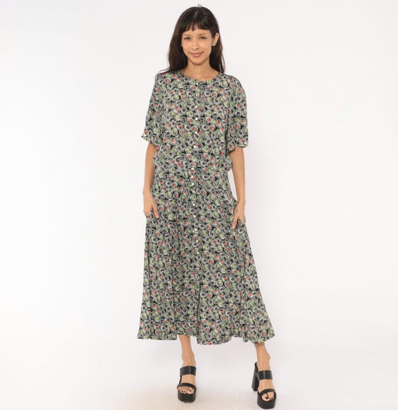 90s Swirl Print Maxi Dress Liz Claiborne Button Front Short Sleeve Black Purple Green Coral Abstract Circle Pattern Vintage Shift Large L