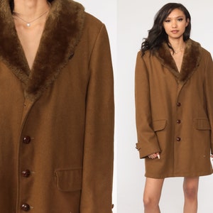 Brown Wool Jacket 80s Faux Fur Collar Coat Winter Coat Vintage Overcoat Bohemian Coat 1980s Extra Large xl l