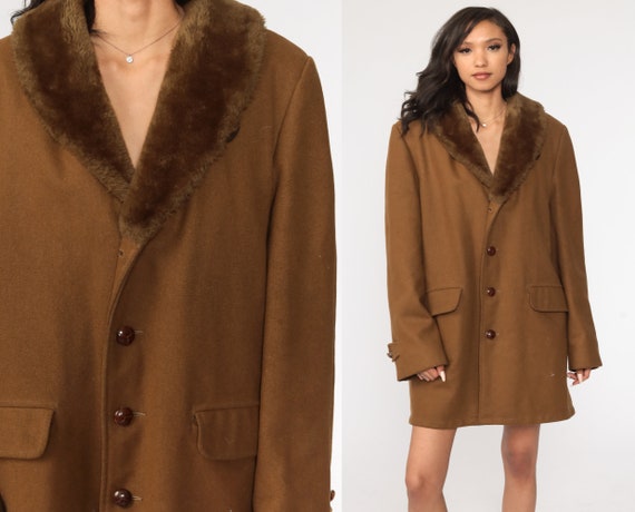 Brown Wool Jacket 80s Faux Fur Collar Coat Winter Coat Vintage Overcoat Bohemian Coat 1980s Extra Large xl l