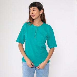 Teal Henley Tee 90s Floral Embroidered T-Shirt Green Short Sleeve Top Flower Embroidery Button Up Blouse Summer TShirt Vintage 1990s Small image 5