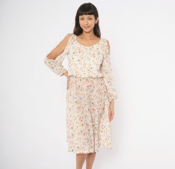 70s Wildflower Dress Cream Floral Shoulder Split Sleeve Midi Pink Blue Botanical Back Zip Semi Sheer Ivory Garden Party Vintage Medium M
