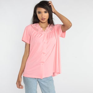 Pink Lingerie Shirt 70s Pajama Top Nylon Lace Button Up Blouse Girly Sleep Shirt Retro Lounge Top Short Sleeve Vintage 1970s Medium Large