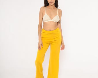 Pantalones anchos color mostaza estilo años 70, color dorado, con cintura alta, mezcla de lana, corte recto vintage, estilo bota, color mantequilla dorado, elegantes, para mujer, talla L