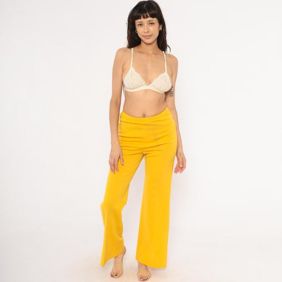 Mustard Wide Leg Trousers 70s Gold Pull On Pants Yellow High Waist Wool Blend Vintage Straight Bootcut Golden Butter Dressy Women Large L