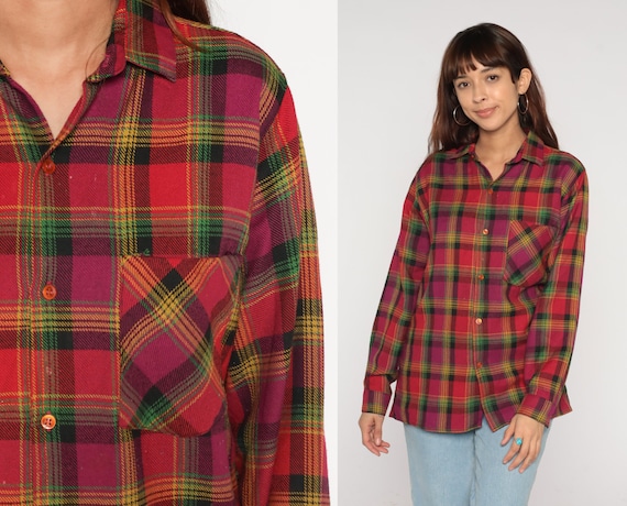 90s Flannel Shirt Red Plaid Button up Shirt Retro Checkered Grunge Lumberjack Long Sleeve Collared Boyfriend Top Vintage 1990s Medium M