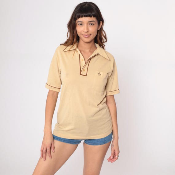 80s Beige Polo Shirt Grand Slam Cream Brown Piping Trim Cotton Tennis Golf Short Sleeve Collar Vintage Preppy Sporty Athletic Medium M