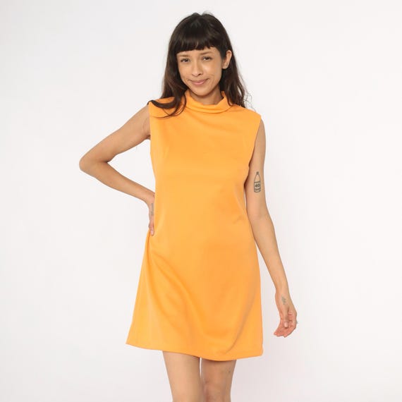 70s Orange Dress Sleeveless Shift Mock Neck Turtleneck Yellow Golden Peachy Tangerine Vintage 1970s Mod Style Summer Spring Go Go Medium M