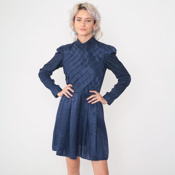 Vintage 80s Navy Floral Dress Silky Blue Jacquard Mini Dress Boho Long Puff Sleeve Dress 1980s Mock Neck Satin High Waisted Bohemian Small S