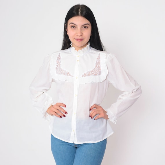 White Victorian Blouse 80s Button Up Top Ruffled High Neck Shirt Floral Embroidered Mesh Lace Bib Long Puff Sleeve Vintage 1980s Small S