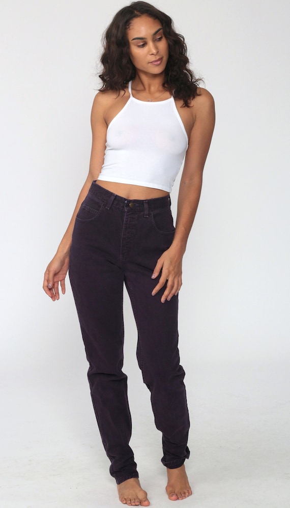 90s Purple Jeans LONDON JEAN High Waisted Dark Purple Denim Jeans Tapered Leg Mom Jeans 1990s Vintage Retro Size 4 Small Tall Long