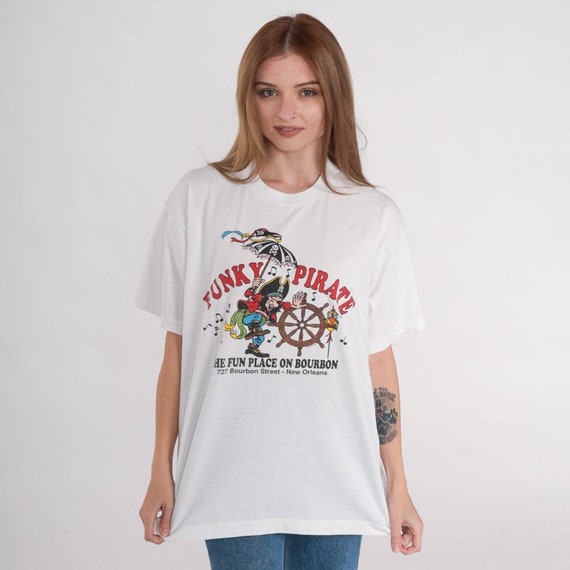 The Funky Pirate Shirt 90s New Orleans Dive Bar T-Shirt Blues Club Pub Graphic Tee Single Stitch Tshirt White Vintage 1990s Screen Stars XL