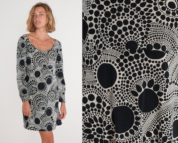 70s Mod Dress Black White Mini Dress Long Sleeve Scoop Neck Groovy Abstract Dot Print Retro Seventies Hippie Minidress Vintage 1970s Medium