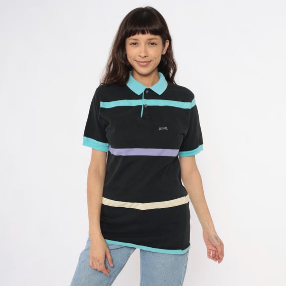 Le Tigre Polo 90s Striped Rugby Shirt Black Turquoise Purple Cream Colorblock Short Sleeve Collar Button Front Golfing Casual Medium M