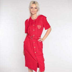 Red Midi Dress 90s Crest Button Up Dress Belted Pocket 80s Shirtdress Sheath Dress 1990s Short Puff Sleeve Vintage Small Medium Petites