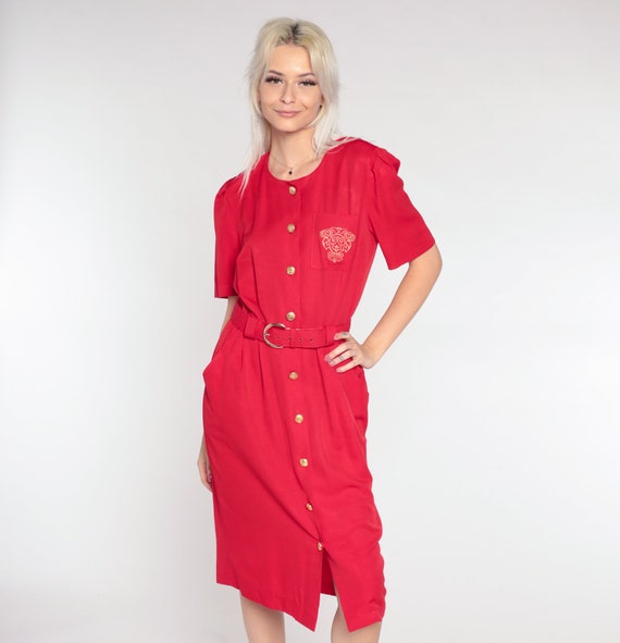Red Midi Dress 90s Crest Button Up Dress Belted Pocket 80s Shirtdress Sheath Dress 1990s Short Puff Sleeve Vintage Small Medium Petites