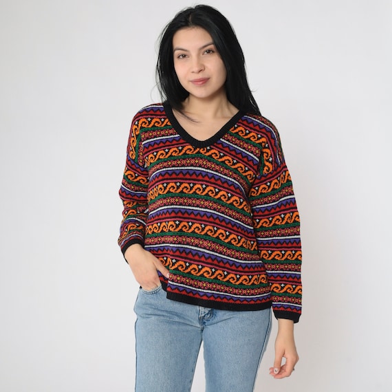 Geometric Floral Sweater 90s Neon Orange Black Pullover Knit Sweater Striped Flower Print Jumper V Neck Swirl Vintage 1990s Medium M