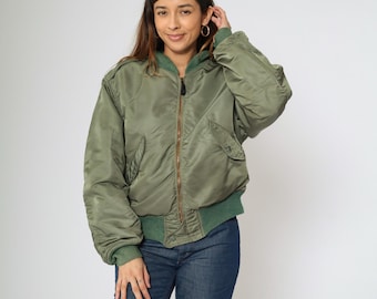 Vintage USAF Flight Jacket 60s MA-1 Bomber Pilot Jacket Olive Green Nylon Military 1960s Alpha Industries L-2B Orange Lined Air Force Large