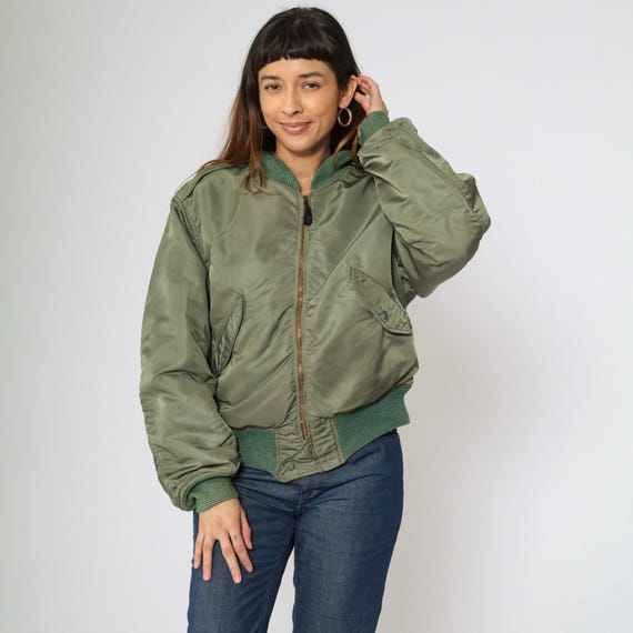 Vintage USAF Flight Jacket 60s MA-1 Bomber Pilot Jacket Olive Green Nylon Military 1960s Alpha Industries L-2B Orange Lined Air Force Large