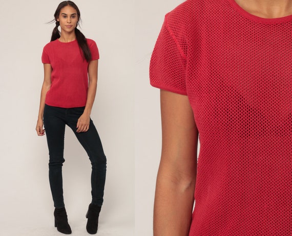 Red Mesh Shirt Sheer Tshirt Sports 80s Vintage Athletic Shirt Short Sleeve Cut Out Top Hipster 1980s Retro Extra Large xl