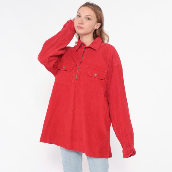 90s Corduroy Marlboro Shirt Red Half Zip Cotton Chest Pockets Collared Long Sleeve Grunge Workwear Vintage Button Flap Relaxed Fit Medium M