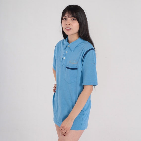 Rainbo Bread Shirt 70s Blue Polo Shirt Retro Uniform Collared Shirt Button Up Short Sleeve Preppy Distressed Top Vintage 1970s Medium M