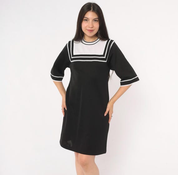 70s Sailor Collar Dress Black White Knit Shift Nautical Stripe Crew Neck Mini A Line Mod Monochrome Color Block Vintage Small S