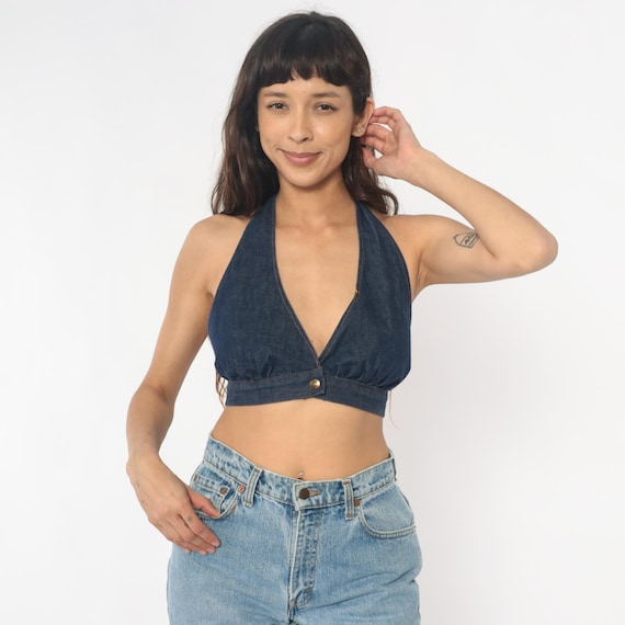 Denim Halter Top 90s Crop Plunge V Neck Tie Neck Blue Dark Wash Festival Club Party Sexy Vintage Cowgirl Western Summer Small Medium S M