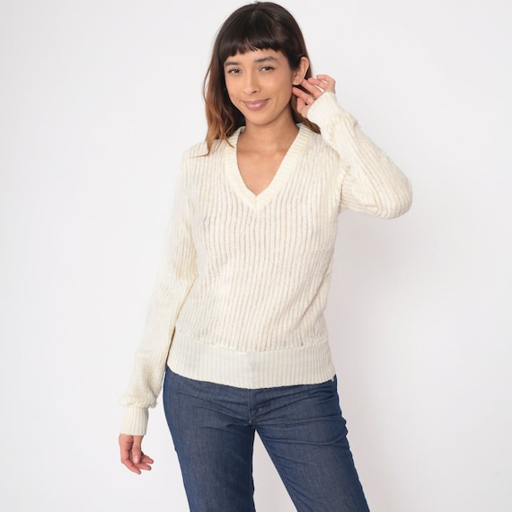 Terry Cloth Sweater 70s 80s Cream V Neck Pullover Jumper 1970s Plain Ribbed Slouchy Vintage Retro Stranger Things 1980s Small xs