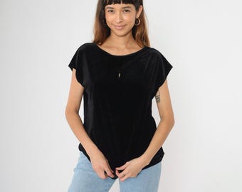 Y2K Black Velvet Top Cutout Short Sleeve Top Stretch Velvet Blouse
