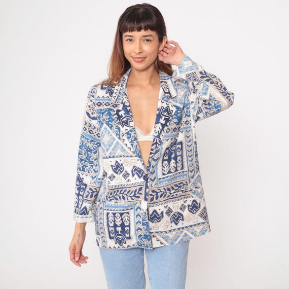 Southwestern Patchwork Blazer 90s Blue White Cotton Tile Jacket Lapels Geometric Square Cottagecore Prairie Vintage Blair Boutique Medium M
