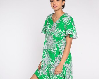 70s Floral Mini Dress Green Mod Babydoll Empire Waist Hippie Short Flutter Sleeve Retro Boho Shift Summer Minidress Vintage 1970s Large L